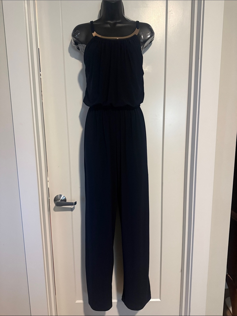 Emma & Michele Navy Halter Wide-Leg Jumpsuit with Gold Trim
